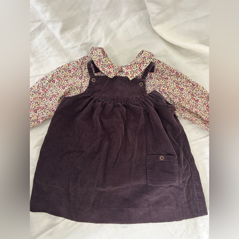 Bonpoint pinafore corduroy dress and floral top set